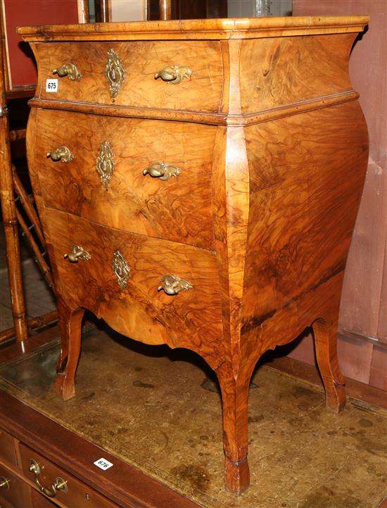 Italian three drawer walnut veneered commode chest